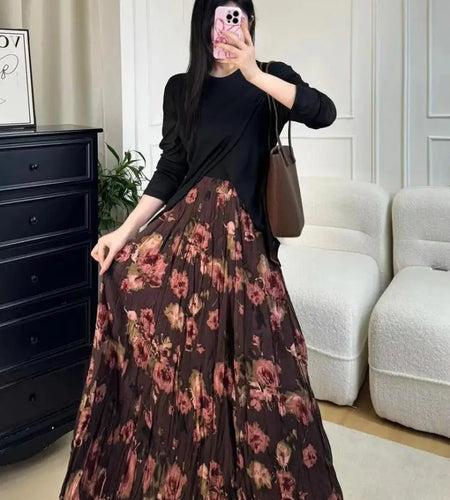 Spring Summer Korean Fashion Retro Brown Floral Elegant Office Long Skirt For Women Red High Waisted Holiday Half Skirt Bohemian