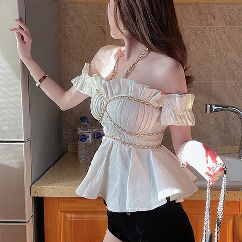 Load image into Gallery viewer, Sexy Slim Shirt For Women Halter Collar Short Sleeve Patchwork Chain White Blouses Female Summer Clothing Fashion
