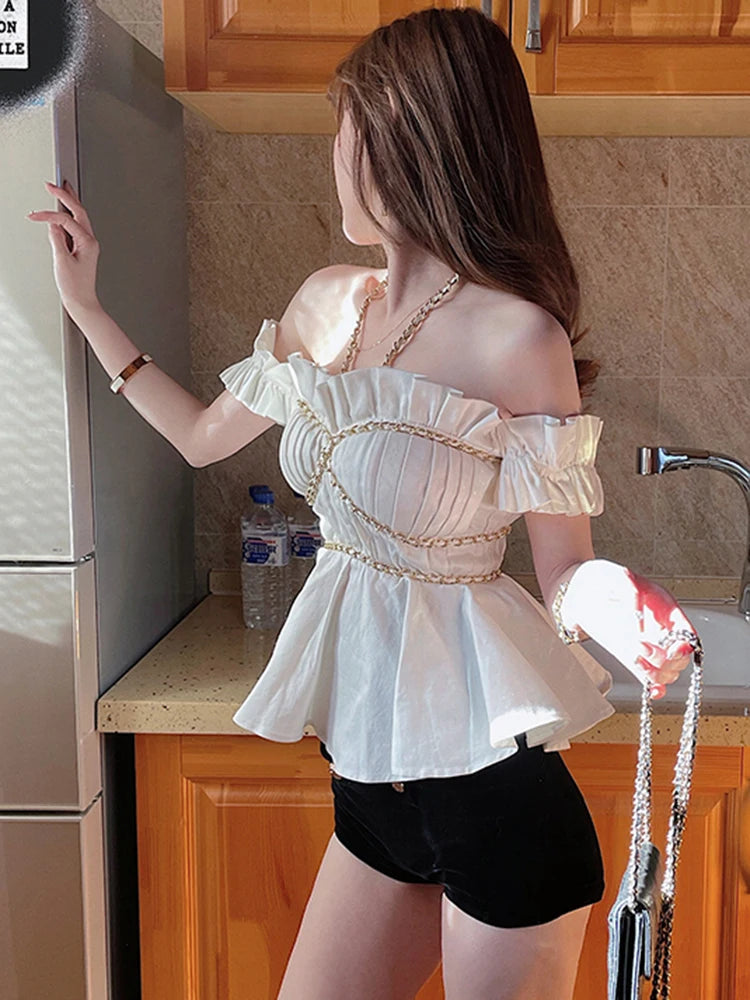 Sexy Slim Shirt For Women Halter Collar Short Sleeve Patchwork Chain White Blouses Female Summer Clothing Fashion