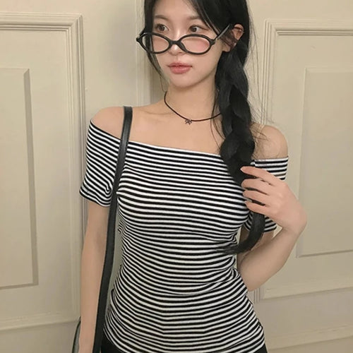 Load image into Gallery viewer, Y2k Aesthetics Stripes Slash Neck Tops Women Harajuku Casual Streetwear T-shirt Vintage Bodycon Simple Tshirts Grunge E-girls
