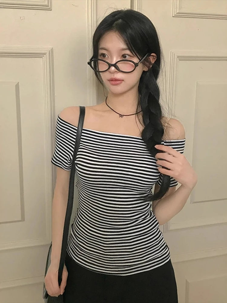 Y2k Aesthetics Stripes Slash Neck Tops Women Harajuku Casual Streetwear T-shirt Vintage Bodycon Simple Tshirts Grunge E-girls