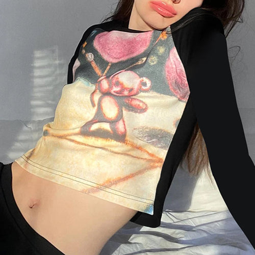 Load image into Gallery viewer, Cute Graphic Printed Tee Baby Y2K Slim Long Sleeve Crop Tops Harajuku Korean Autumn T shirt Female Contrast Clothing
