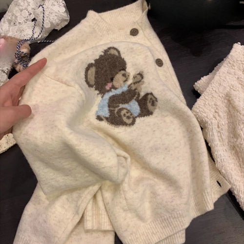 Load image into Gallery viewer, Preppy Style Kawaii Cute Casual Cardigans Y2k Aesthetic Women Knitted Cartoon Jacquard Tops Harajuku Single Breasted Loose Coats
