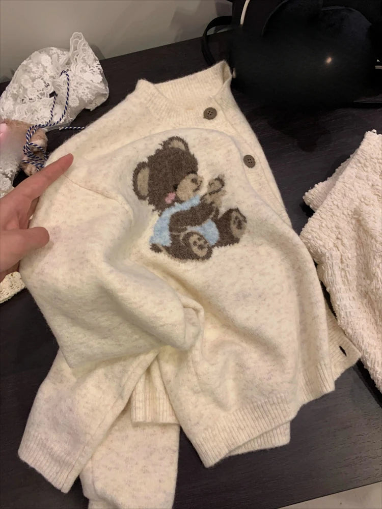 Preppy Style Kawaii Cute Casual Cardigans Y2k Aesthetic Women Knitted Cartoon Jacquard Tops Harajuku Single Breasted Loose Coats