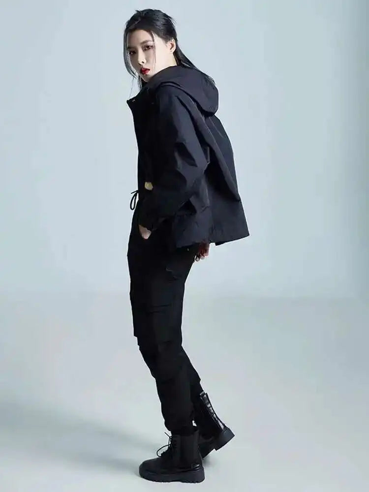 Black Big Size Loose Fit Pocket Casual Jacket New Hooded Long Sleeve Women Coat Fashion Tide Spring Autumn 2025 1DH3240