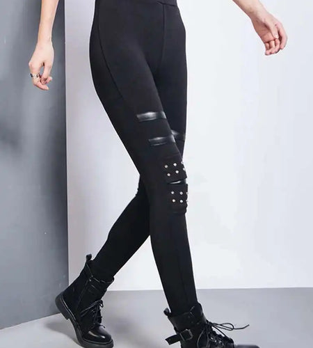 High Elastic Waist Black Brief Long Rivet With Fleece Casual Pants New Trousers Women Fashion Spring Autumn 2025 1DH7172