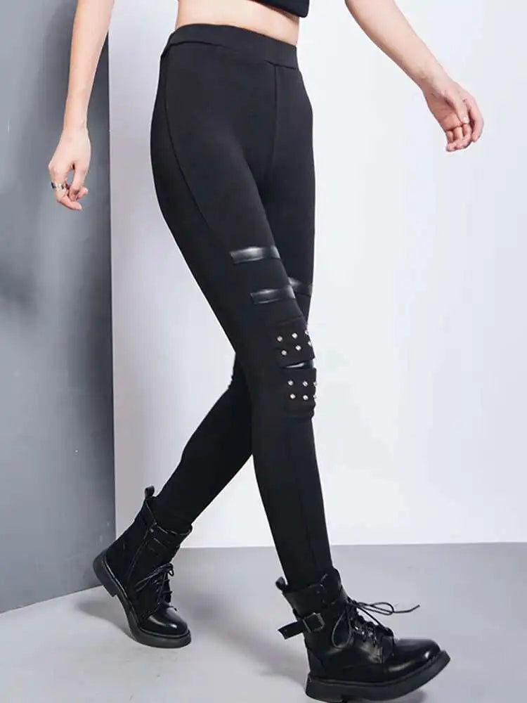 High Elastic Waist Black Brief Long Rivet With Fleece Casual Pants New Trousers Women Fashion Spring Autumn 2025 1DH7172