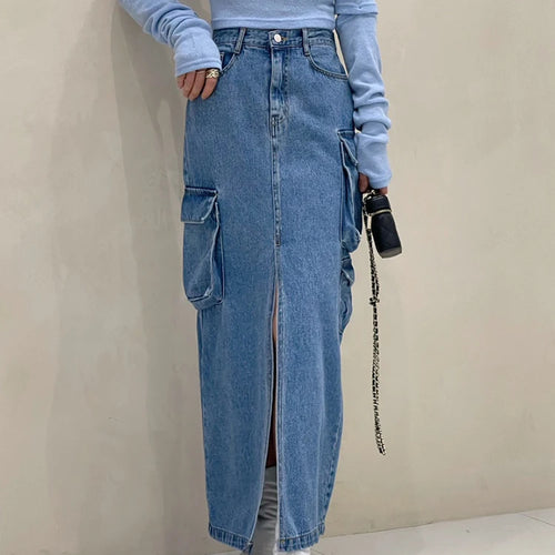 Load image into Gallery viewer, Patchwork Pockets Vintage Skirts For Women High Waist Solid Straight Split Denim Skirt Female Fashion Clothing
