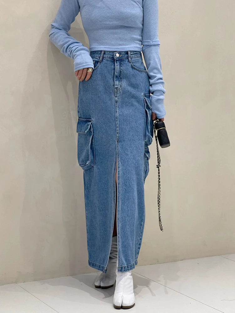 Patchwork Pockets Vintage Skirts For Women High Waist Solid Straight Split Denim Skirt Female Fashion Clothing