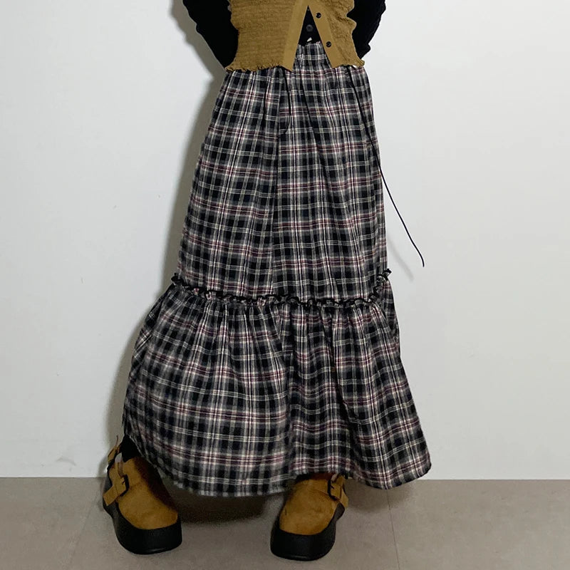 Vintage Loose Y2K Aesthetic Plaid Skirt Female England Style 2000s Aesthetic Frill Autumn Long Skirt Checkered Bottom