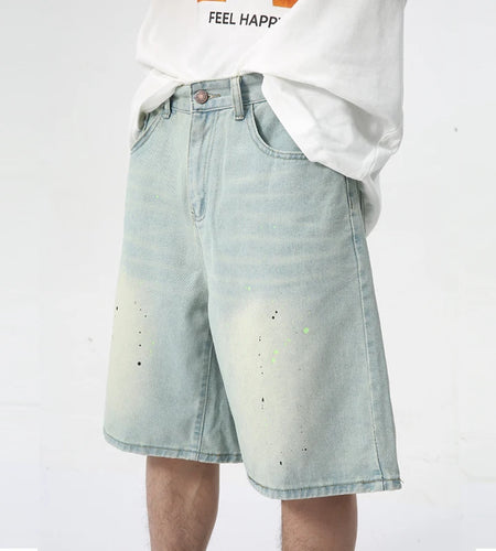 High Street Denim Pants Straight Men's Shorts Zipper Causal Wide Leg Male Trousers Knee Length Chic Summer 9C6094