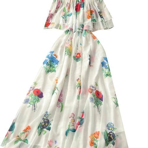 Load image into Gallery viewer, Women Black Flower Vacation Temperament Long Dress Summer White Print Off Shoulderslim High Waist Party Dress Popular Robe Boho
