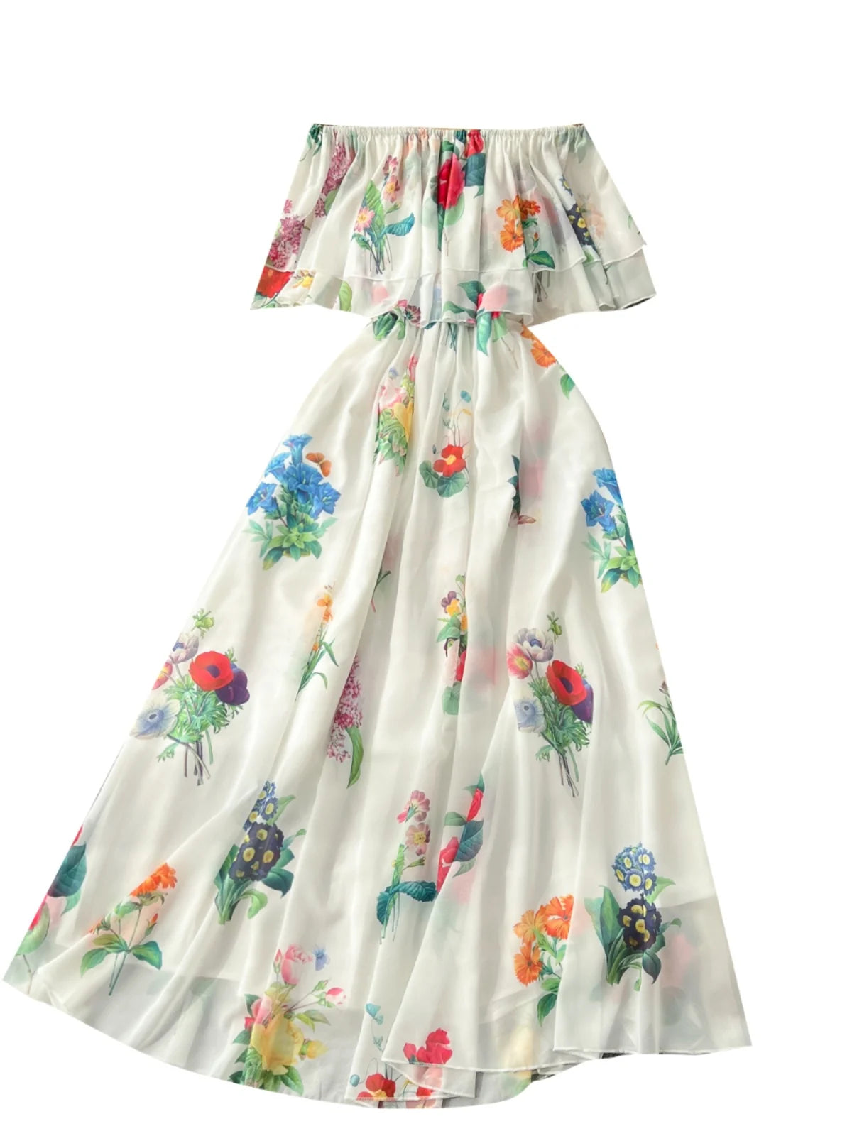 Women Black Flower Vacation Temperament Long Dress Summer White Print Off Shoulderslim High Waist Party Dress Popular Robe Boho