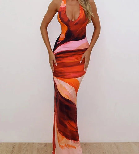 Halter Deep V Neck Print Sexy Maxi Dress For Women Fashion Lace-up Sleeveless Backless Bodycon Printed Long Dress