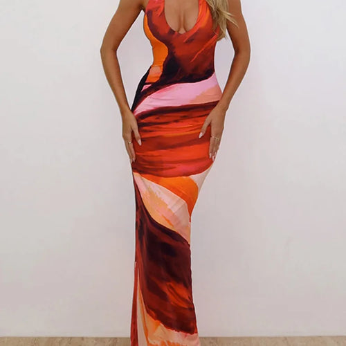 Load image into Gallery viewer, Halter Deep V Neck Print Sexy Maxi Dress For Women Fashion Lace-up Sleeveless Backless Bodycon Printed Long Dress
