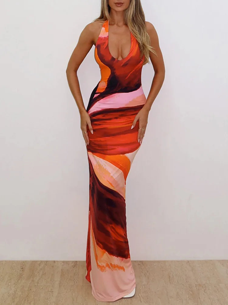 Halter Deep V Neck Print Sexy Maxi Dress For Women Fashion Lace-up Sleeveless Backless Bodycon Printed Long Dress