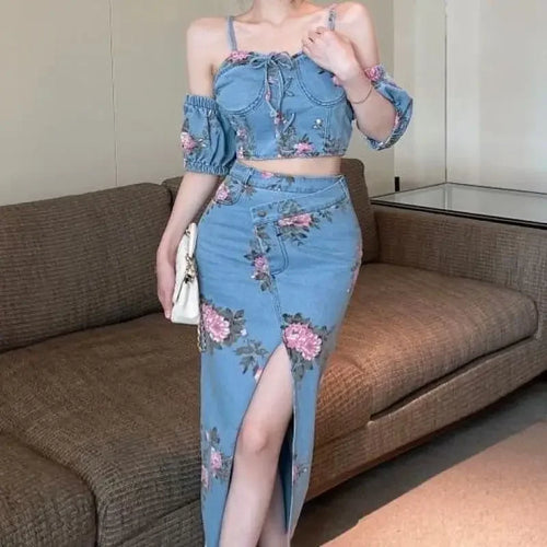 Load image into Gallery viewer, Korean Summer Denim Three-piece Women&#39;s New Slimpuff sleeve  + Small Sling + High Waist Half-length Bag Hip Skirt Suit

