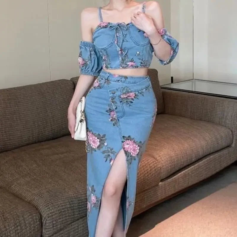 Korean Summer Denim Three-piece Women's New Slimpuff sleeve  + Small Sling + High Waist Half-length Bag Hip Skirt Suit
