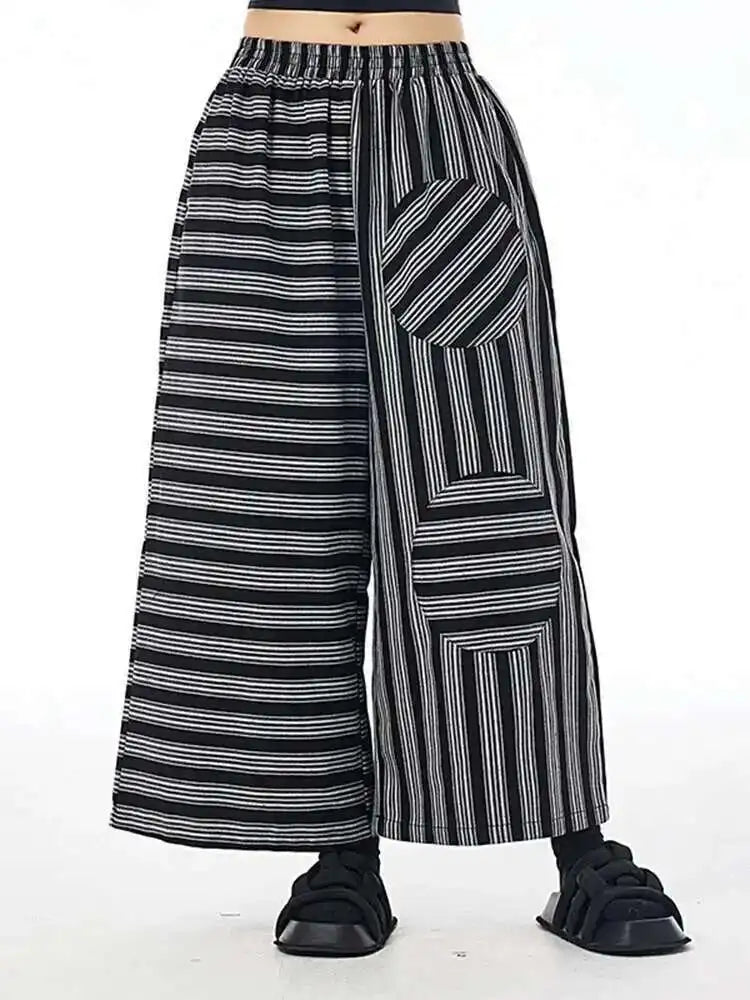 High Elastic Waist Black Striped Spliced Long Wide Leg Pants New Trousers Women Fashion Tide Spring Autumn 2025 1DH7545