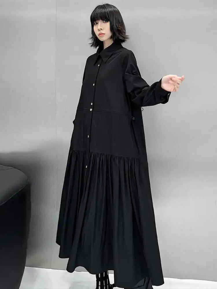 Women Black Big Size Elegant Shirt Dress Brief Pleated Hem New Lapel Long Sleeve Fashion Tide Spring Autumn 2025 1DH9327