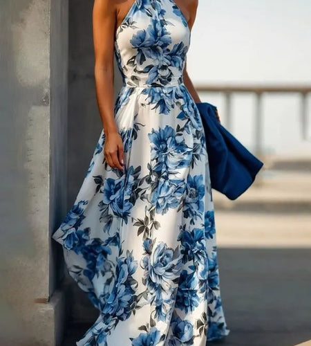 Women Summer Long Dresses 2025 New Fit Party Beach Birthday Wedding Sleeveless Flower Print Halter A-line Dress Woman