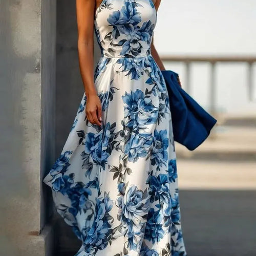 Load image into Gallery viewer, Women Summer Long Dresses 2025 New Fit Party Beach Birthday Wedding Sleeveless Flower Print Halter A-line Dress Woman
