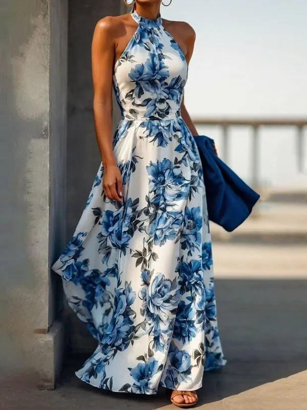 Women Summer Long Dresses 2025 New Fit Party Beach Birthday Wedding Sleeveless Flower Print Halter A-line Dress Woman