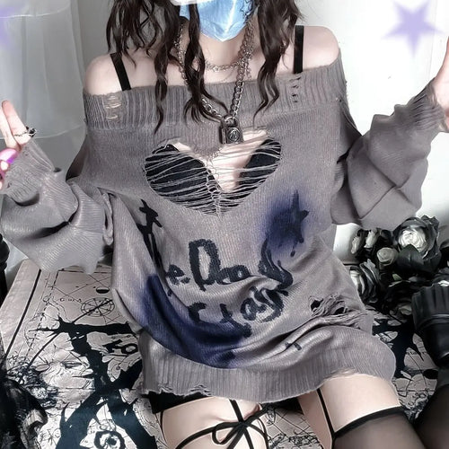 Load image into Gallery viewer, Y2k Aesthetic Slash Neck Spring Women Sweaters Holes Loose Punk Grunge Knitted Sexy Pullovers Long Sleeve Hollow Out Pull Femme
