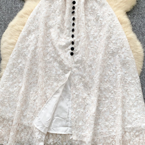 Load image into Gallery viewer, Summer French Retro White Lace Elegant Short Sleeve Long Dress For Women High Waist Slim Button Designer Party Princess Dresses
