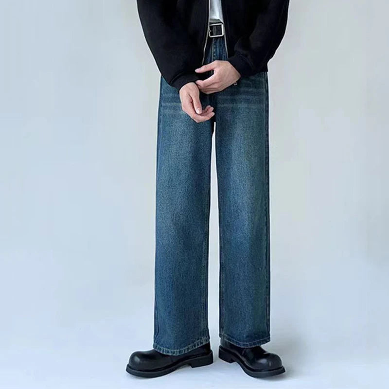 Men's Jeans New American High Street Washed Denim Pants Male Loose Solid Color Casual Fanshion Straight Leg Trousers 9W1428