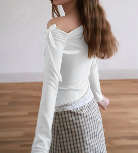 Coquette Crop Tops y2k Women Clothing Bow Lace Patchwork Off Shoulder Long Sleeve T Shirts 2000s Clothes Streetwear