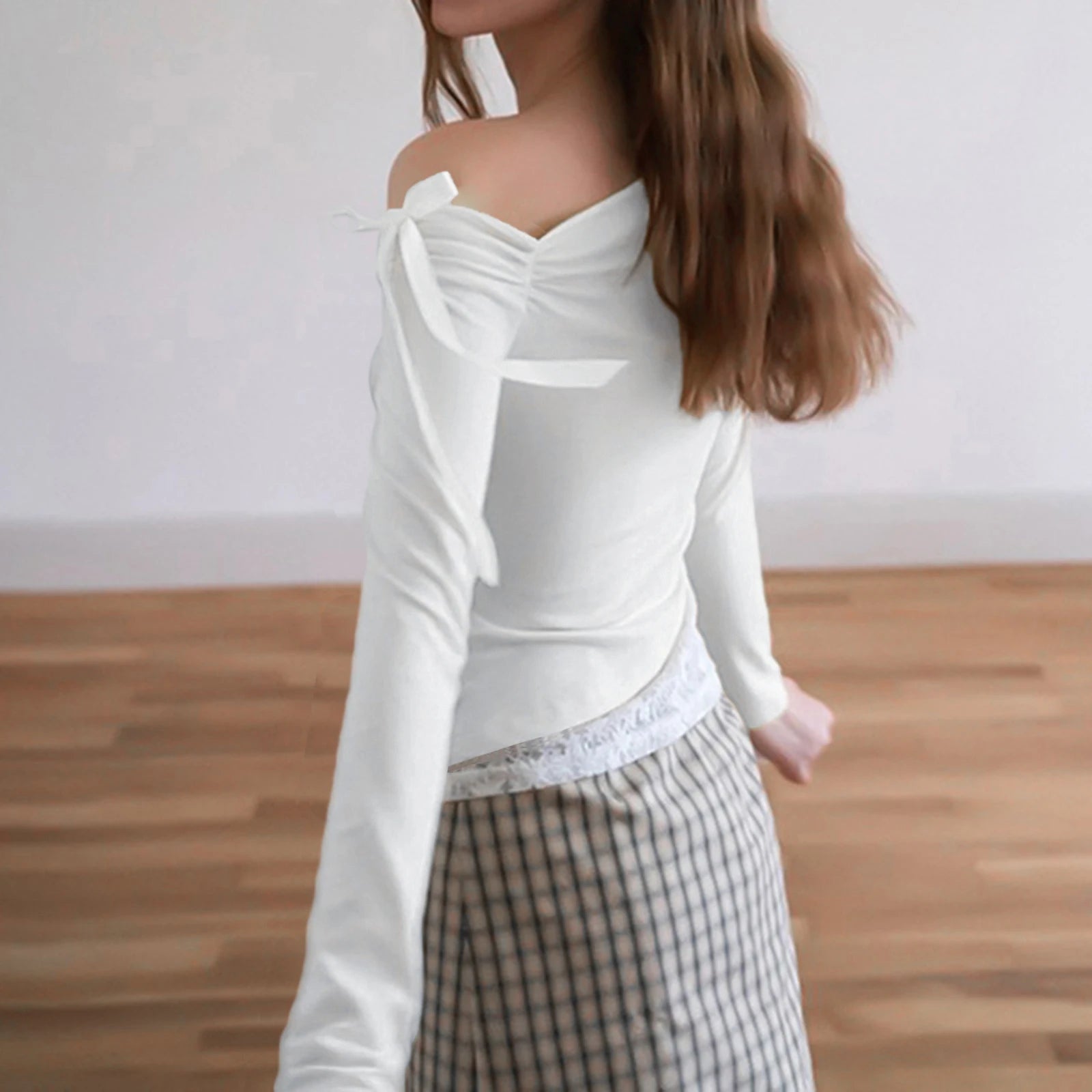 Coquette Crop Tops y2k Women Clothing Bow Lace Patchwork Off Shoulder Long Sleeve T Shirts 2000s Clothes Streetwear