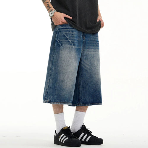 Load image into Gallery viewer, Wide Leg Men&#39;s Short Jeans American Washed Lightning Pattern Male Denim Shorts Loose Chic Men Bottoms Summer 9W1474
