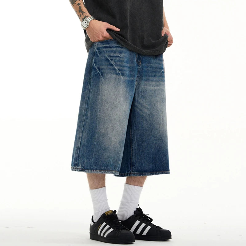 Wide Leg Men's Short Jeans American Washed Lightning Pattern Male Denim Shorts Loose Chic Men Bottoms Summer 9W1474