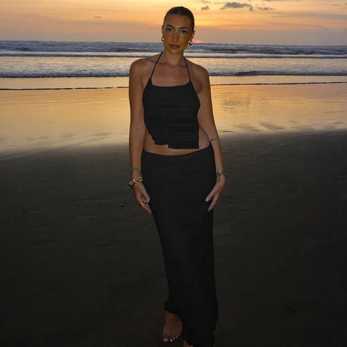 Load image into Gallery viewer, Chiffon Lace Sexy Skirt Two Piece Sets Women Halter Crop Tops And Maxi Skirt Ladies Fashion Woman Long Dress Set
