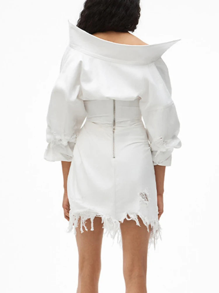 Spliced Tassel Casual Dress For Women Slash Neck Long Sleeve High Waist Irregular Tunic A Line Mini Dresses Female Clothing