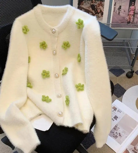Sweet Women Purple Green Flower Decoration Knitted Single Breasted Cardigan Sweater Long Sleeve Loose O-neck Autumn Winter Tops