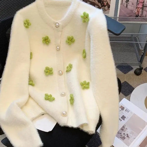 Load image into Gallery viewer, Sweet Women Purple Green Flower Decoration Knitted Single Breasted Cardigan Sweater Long Sleeve Loose O-neck Autumn Winter Tops
