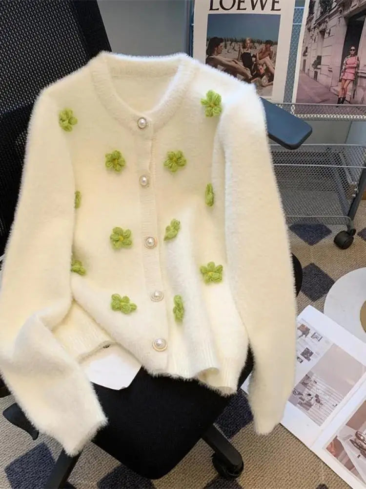 Sweet Women Purple Green Flower Decoration Knitted Single Breasted Cardigan Sweater Long Sleeve Loose O-neck Autumn Winter Tops