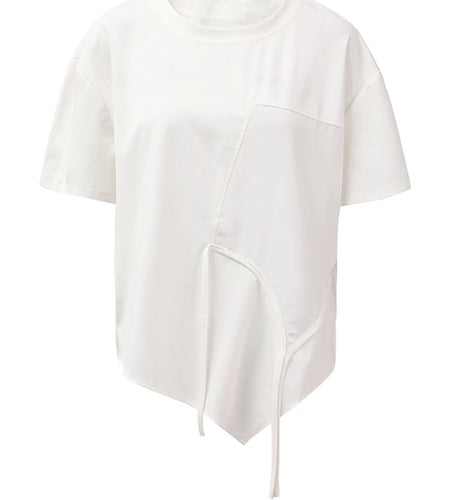 Women White Irregular Color-block Big Size T-shirt New Round Neck Short Sleeve Fashion Tide Spring Summer 2025 CPG1391