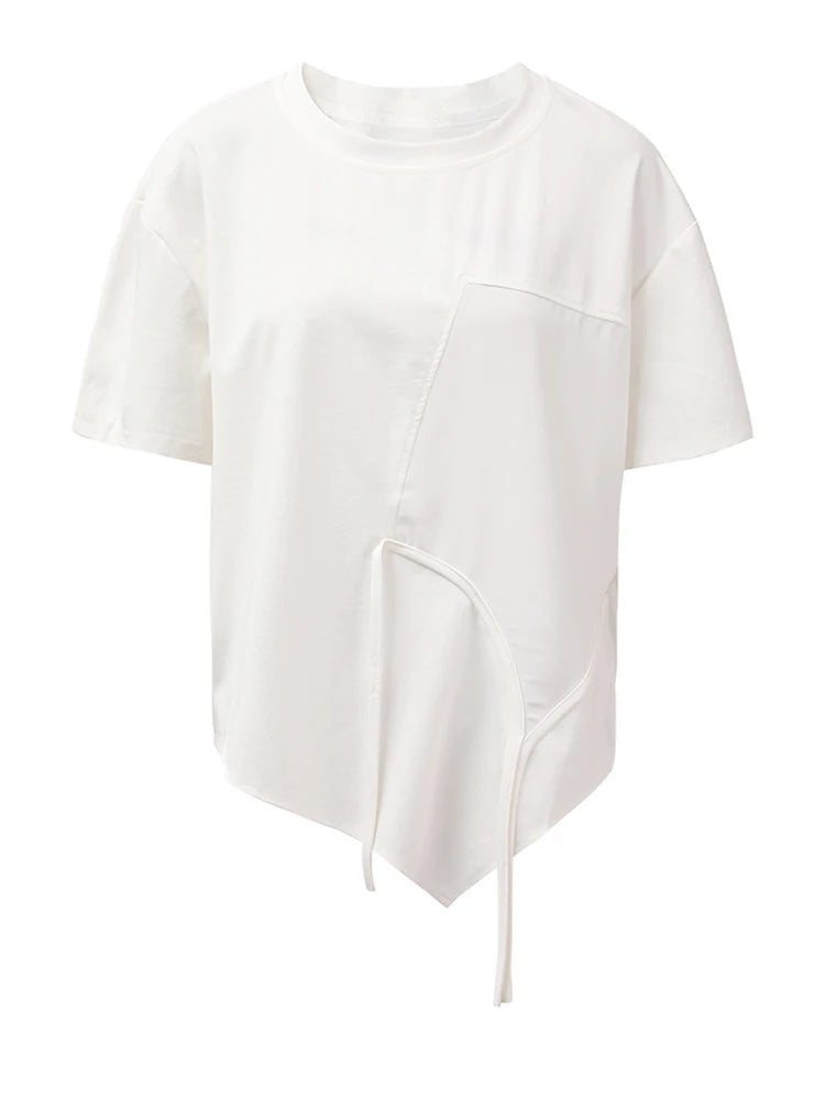 Women White Irregular Color-block Big Size T-shirt New Round Neck Short Sleeve Fashion Tide Spring Summer 2025 CPG1391