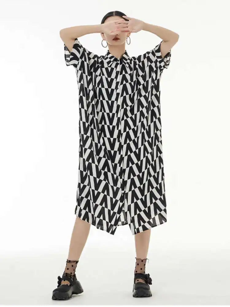 Women Black Pattern Printed Big Size Long Shirt Dress New Lapel Half Sleeve Loose Fit Fashion Spring Summer 2025 1DE9944