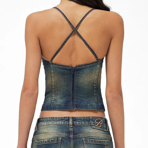 Load image into Gallery viewer, Sexy Spliced Rivet Denim Tank Tops Square Collar Sleeveless Off Shoulder Backless Bandage Slimming Vest Female Summer New
