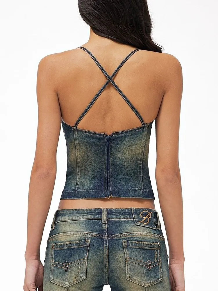 Sexy Spliced Rivet Denim Tank Tops Square Collar Sleeveless Off Shoulder Backless Bandage Slimming Vest Female Summer New