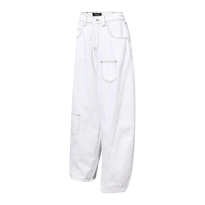 Men's Jeans Loose Wide Leg Curved Knife New American Personalized Line Design Irregular Splicing Trendy Male Bottoms 9W1892