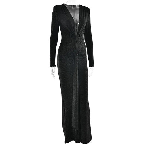 Load image into Gallery viewer, Glitter Deep V Neck Sexy Maxi Dress For Women Elegant Sparkle Long Sleeve Ruched Bodycon Split Club Party Sexy Dress
