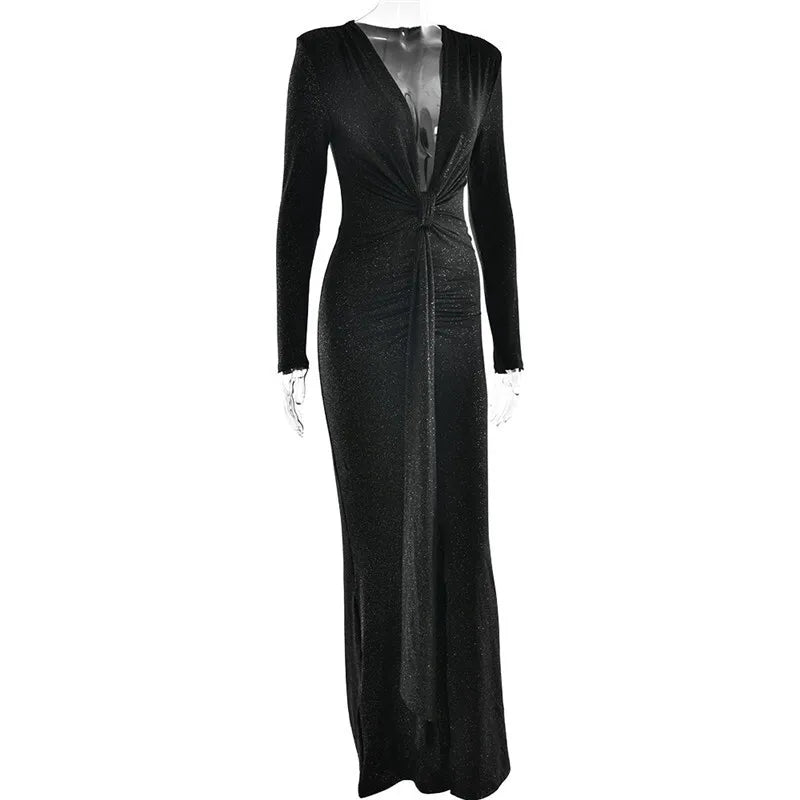 Glitter Deep V Neck Sexy Maxi Dress For Women Elegant Sparkle Long Sleeve Ruched Bodycon Split Club Party Sexy Dress
