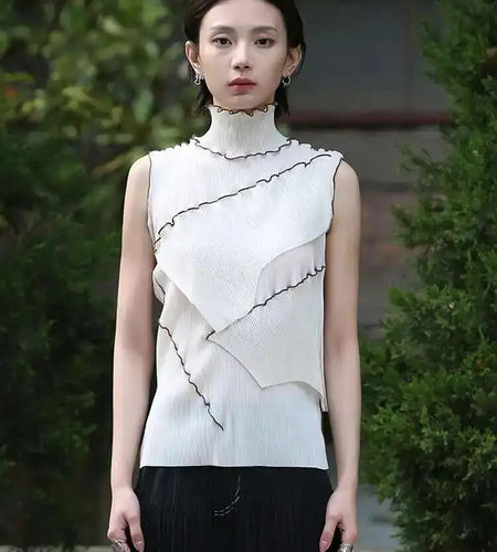 Women White Color-block Pleated High Elastic T-shirt New Turtleneck Sleeveless Fashion Tide Spring Summer  2025 1DF7976