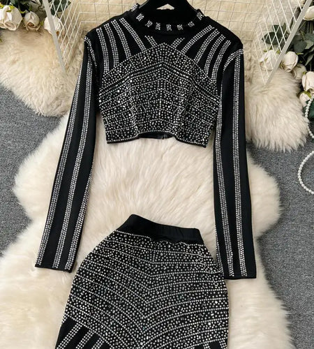 Autumn Black Elegant Diamonds Two Piece Sets For Women O Neck Long Sleeve Short Tops And High Waist Fishtail Long Skirt Suit Y2k