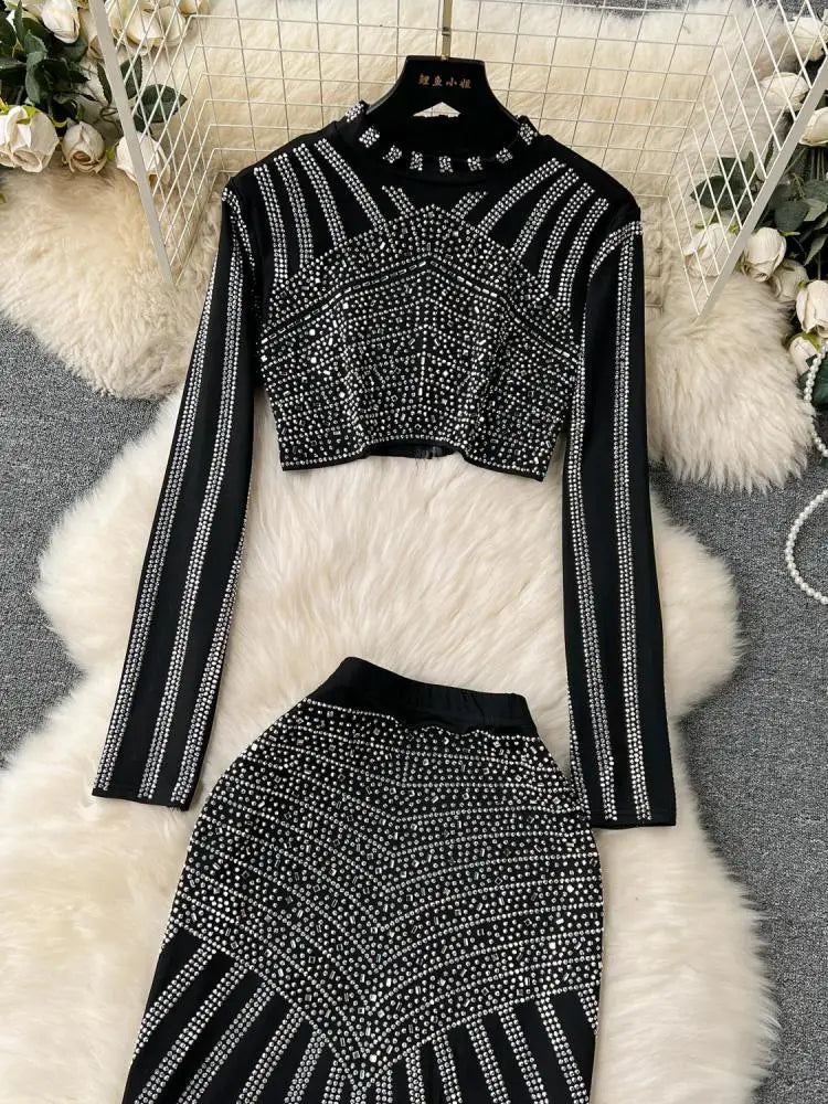 Autumn Black Elegant Diamonds Two Piece Sets For Women O Neck Long Sleeve Short Tops And High Waist Fishtail Long Skirt Suit Y2k